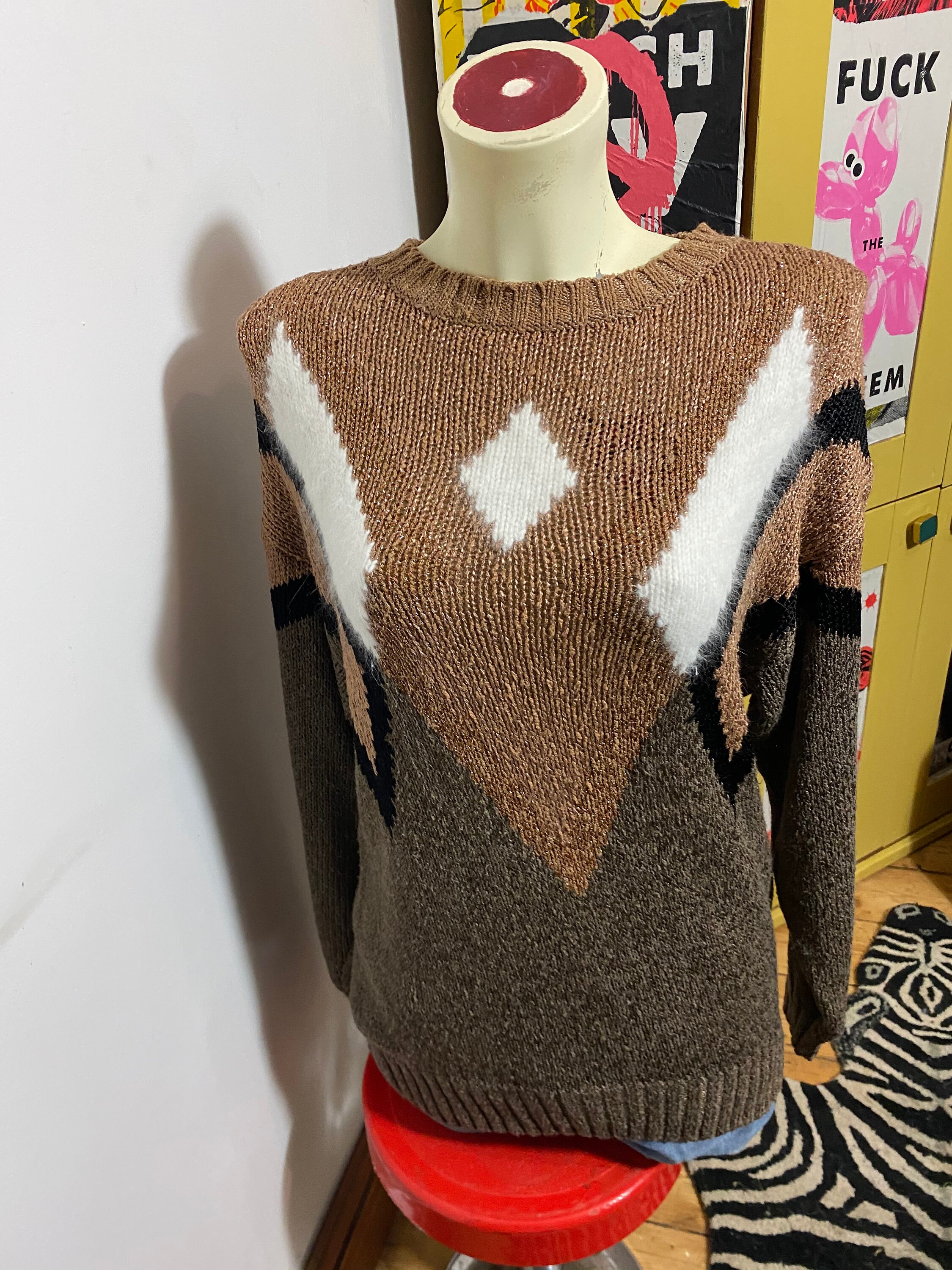 1980s Jumper in Copper and Brown with White and Black Diamond Etsy Polska