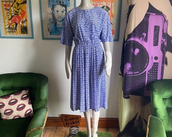 1980s Tea Dress in Blue and White Pattern by Talbots