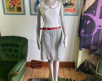 1960s Dress with Nautical Striped Skirt,  Scalloped Collar and Bright Red Belt by A'la mode