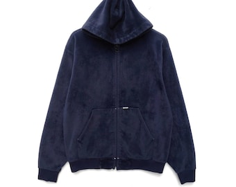 Vintage CARHARTT Velvet Hoodie Sweatshirt Sweater Pullover Jumper Small Logo Shirt Large Size Vtg 90s Rugged Outdoor Wear Dark Blue Colour