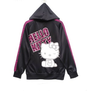 May include: Black zip-up hoodie with pink and black zebra print stripes on the sleeves. The hoodie has a Hello Kitty graphic with the text "Hello Kitty" in pink and black zebra print letters.