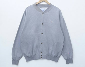 RARE! CHAMPION Button Up Sweatshirt Embroidery Logo Sweater Pullover Jumper Long Sleeve XL Size Hip Hop Swag Rap Tee Shirt Sportswear