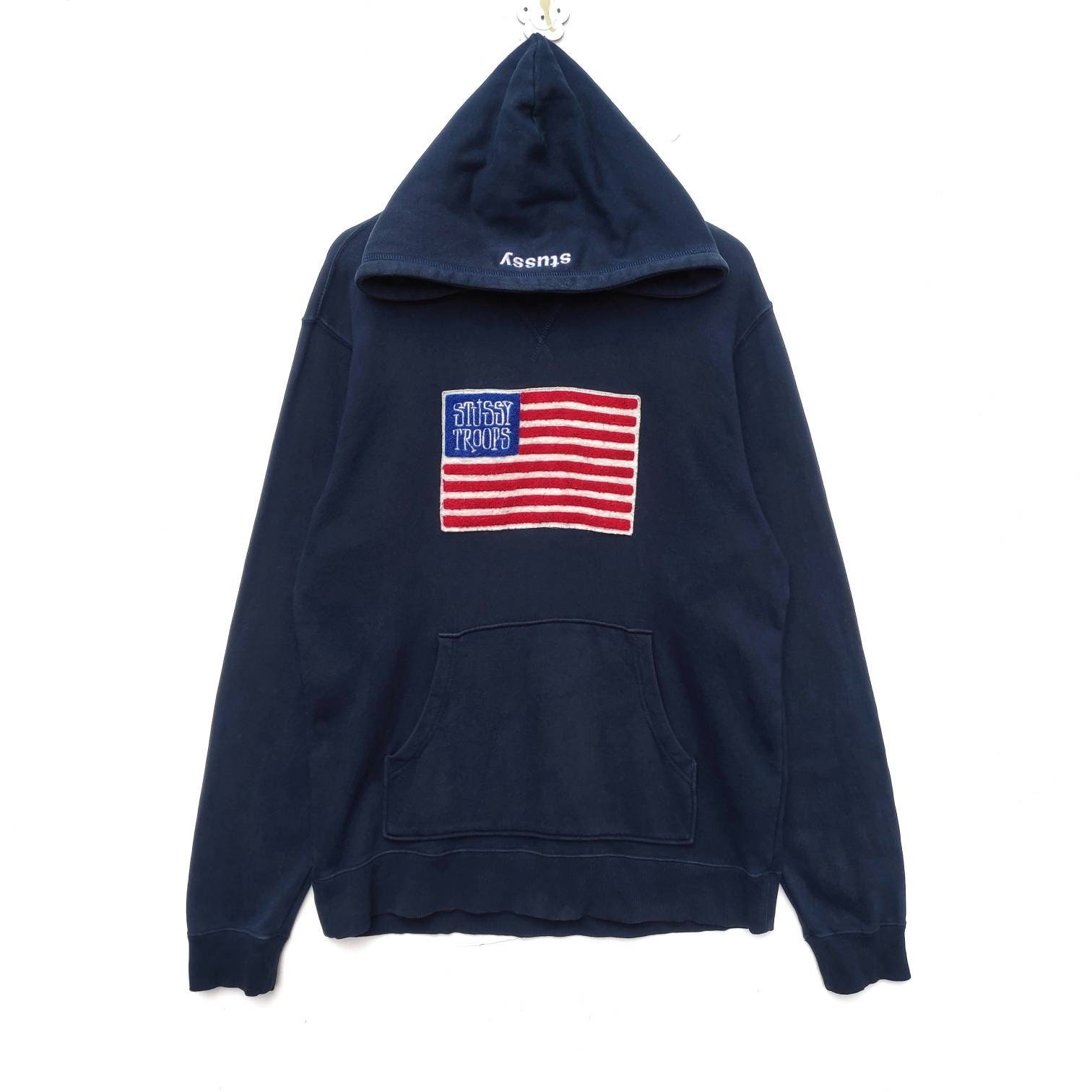STUSSY Troops Authentic Hoodie  Sweatshirt Sweater Pullover Hip Hop Swag Rap Tee Shirt XL Size Dope Streetwear Pile Lined USA Flag Design