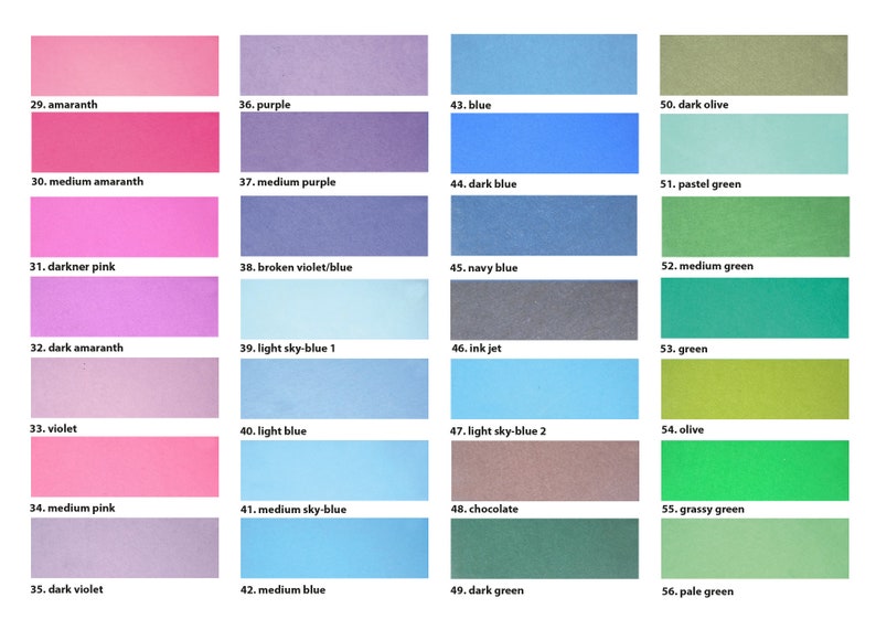 K&ouml;nnte beinhalten: Eine Farbkarte mit 56 verschiedenen Farbt&ouml;nen, darunter Amaranth, Lila, Blau, Dunkeloliv, Pastellgr&uuml;n, Mittelgr&uuml;n, Gr&uuml;n, Oliv, Grasgr&uuml;n, Hellgr&uuml;n, Violett, Rosa, Himmelblau und Schokolade.