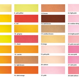 K&ouml;nnte beinhalten: Eine Farbkarte mit 28 verschiedenen Farbt&ouml;nen von Gelb, Orange, Rot, Braun und Rosa. Jede Farbe ist mit einer Nummer und einem Namen gekennzeichnet, z. B. "1. Creme", "8. Hellgelb" und "22. Hellrosa".