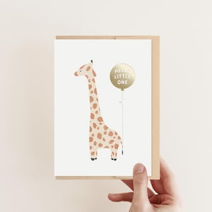 Hello Little One | Giraffe With Gold Foil Balloon | New Baby Card | Gender Neutral