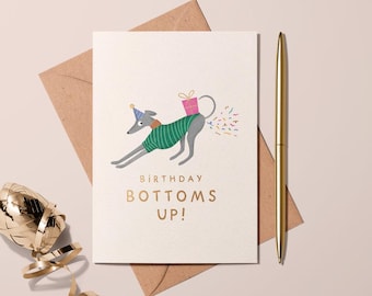 Tarjeta de cumpleaños divertida para perro: whippet/sighthound con estampado dorado