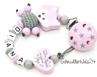 Schnullerkette mit Namen★ XL Träum Fuchs  ★ Baby Mädchen ♥ silber rosa Geschenk