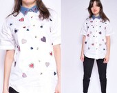Heart White Blouse Vintage 90 39 s Embroidered Heart Button Blouse White Embellished Button Shirt - Size Small