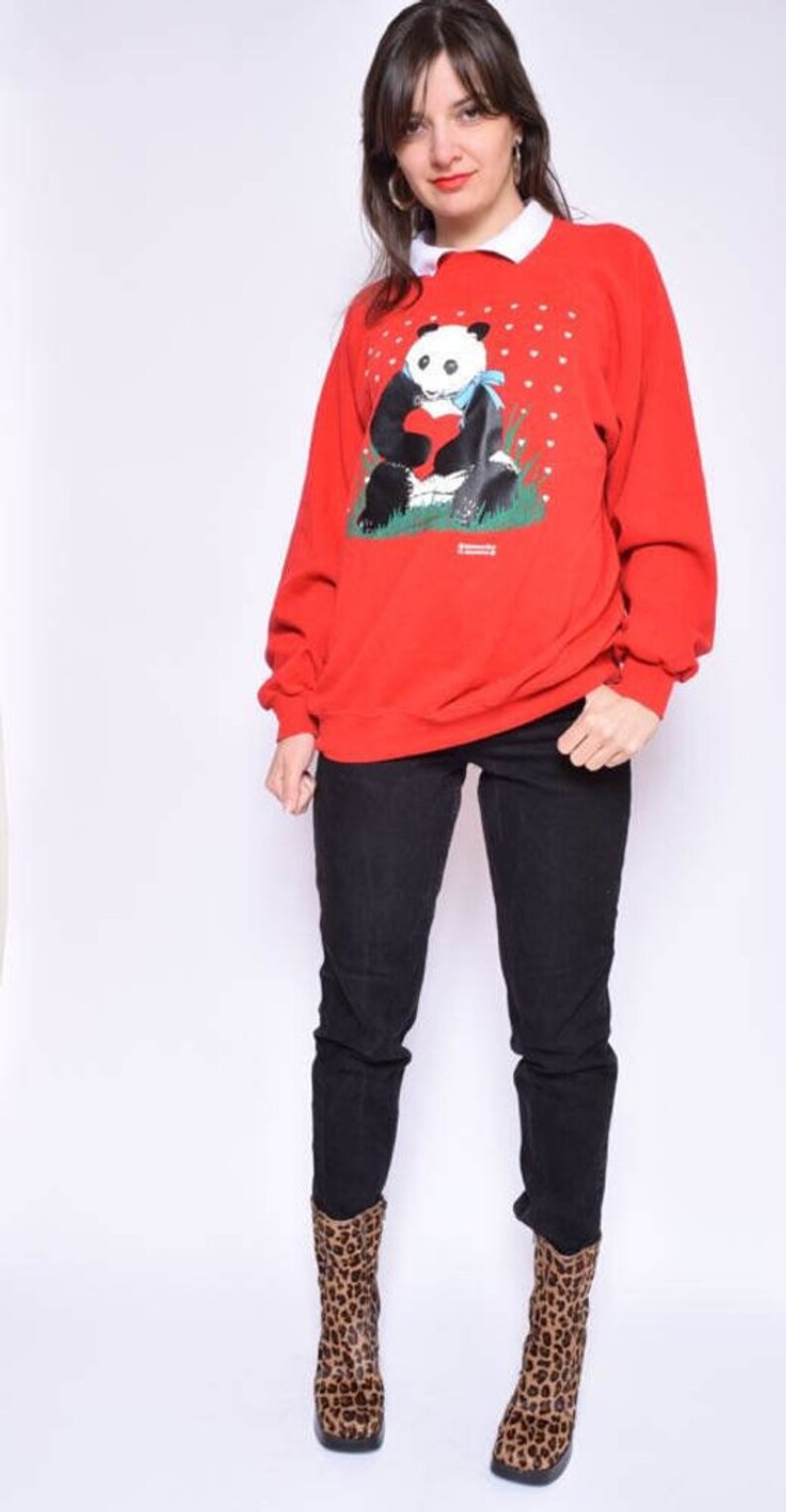 Size Extra LargeXL Panda Sweatshirt Vintage 90/'s Heart Print Sweatshirt White Collar Red Top