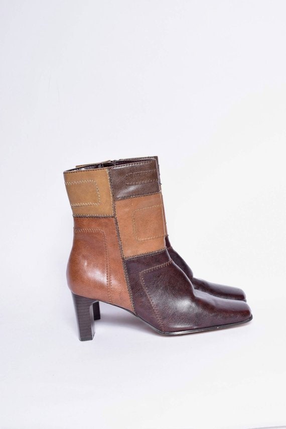 Leather Patchwork Chunky Heels Boots with Side Zip