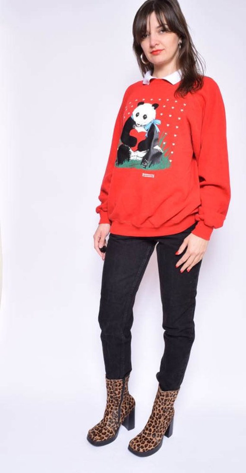 Size Extra LargeXL Panda Sweatshirt Vintage 90/'s Heart Print Sweatshirt White Collar Red Top