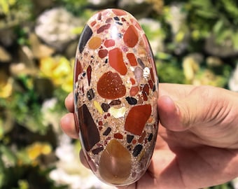 125MM Red Conglomerate Crystal Gemstone Lingam Natural Healing Puddingstone Crystal Meditation Energy Boosting Stone Unique Spiritual Gift