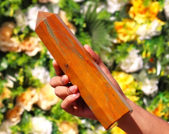 Large 245MM Natural Yellow Camel Jasper Stone Metaphysical Aura Healing Power 8 Faceted Obelisk Tower