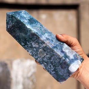 Blue Moss Agate Crystal Obelisk: Chakra Balancing Gemstone Tower