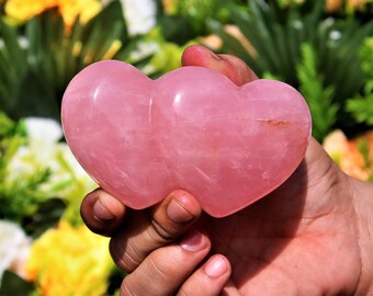 Large 100MM Natural Pink Rose Quartz Stone Double Puffy Hearts Gemstone Healing Meditation Power Meditation Love Stone