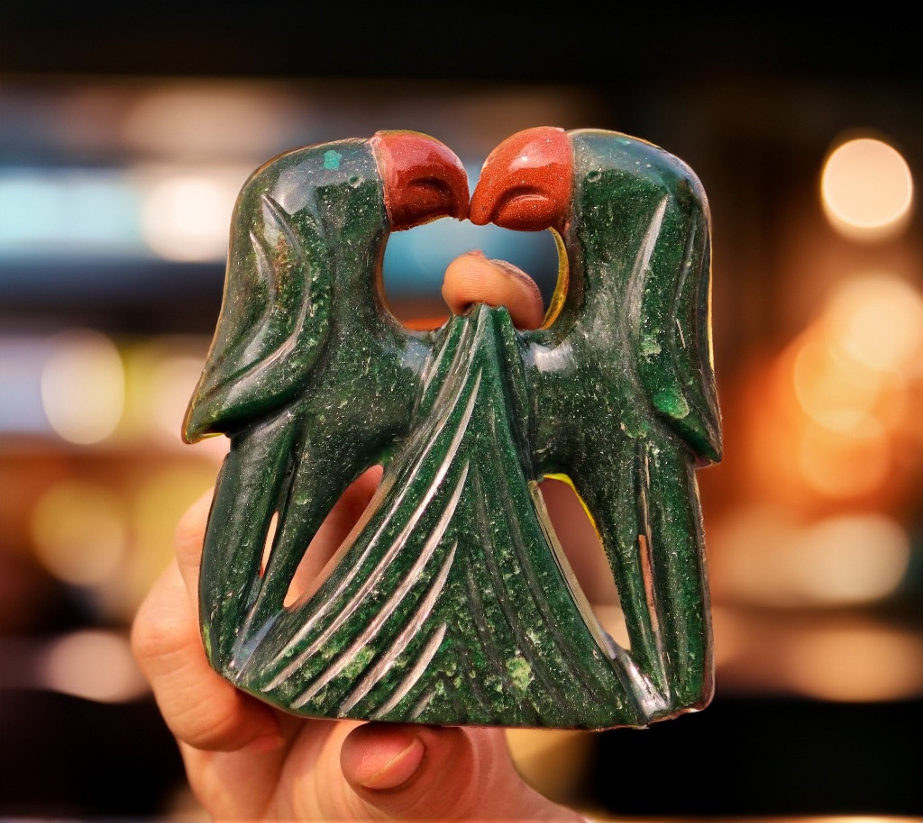 Handmade Green Jade & Red Goldstone Parrots: Metaphysical Home Decor (115mm)