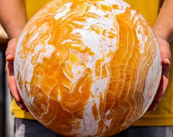 295MM Yellow Banded Mexican Calcite Sphere: Healing Crystal Decor