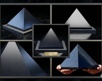 May include: A black crystal pyramid with a smooth, reflective surface. The central image includes a gold-colored plaque with the text: Size: 200mm, W: 7620g, Black Crystal. The pyramid is shown from multiple angles, including a view held by hands.