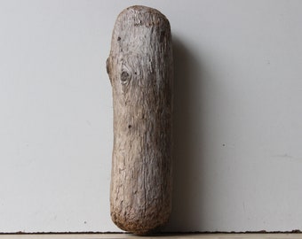 May include: A weathered, gray driftwood log with a knot on one side. The log is about 12 inches long and 4 inches wide.
