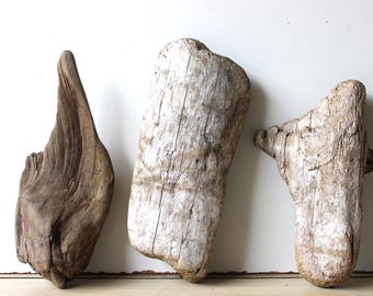 May include: Three pieces of driftwood with varying shapes and textures. The driftwood ranges in color from light tan to dark brown, with visible grain and weathered surfaces. The pieces are arranged against a white background.
