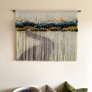 Sunlit Path, Macrame Wall Hanging, Fiber Art, yarn wall hanging, woven wall hanging, mountain wall art, large tapestry, blue ridge mountains