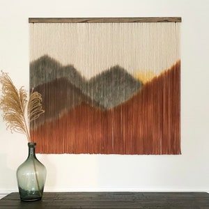 Red Dawn Macrame Wall Hanging: Boho Mountain Fiber Art