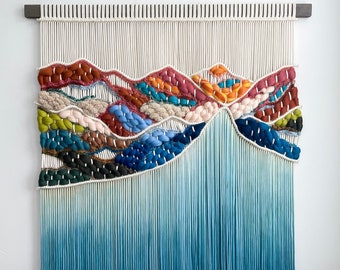 Rocky River Woven Macrame Wall Hanging, Boho Tapestry, Macrame headboard, Yarn Wall hanging, Farmhouse, Dip Dye Fiber Art, Mountain rope art