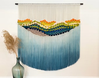Foothills Woven Macrame Wall Hanging, Boho Tapestry, Macrame headboard, Yarn Wall hanging, Colorful Art Decor, Dip Dye Fiber Art