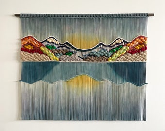 Tranquility Woven Macrame Wall Hanging, Boho Tapestry, Living Room Weaving, Yarn Wall hanging, Large, Dip Dye Fiber Art, Mountain rope art