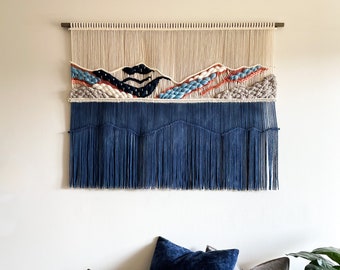 Serenity Woven Macrame Wall Hanging, Mountain Fiber Art Tapestry, Macrame headboard, Dip Dye Tapestry, Large Wall Hangings