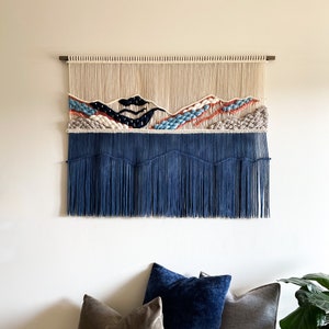 Mountain Macrame Wall Hanging: Fiber Art Tapestry with Merino Wool