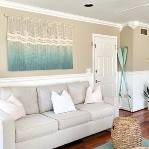 Large Macrame Wall Hanging: &#39;Waves&#39; Blue Ombre Coastal Decor