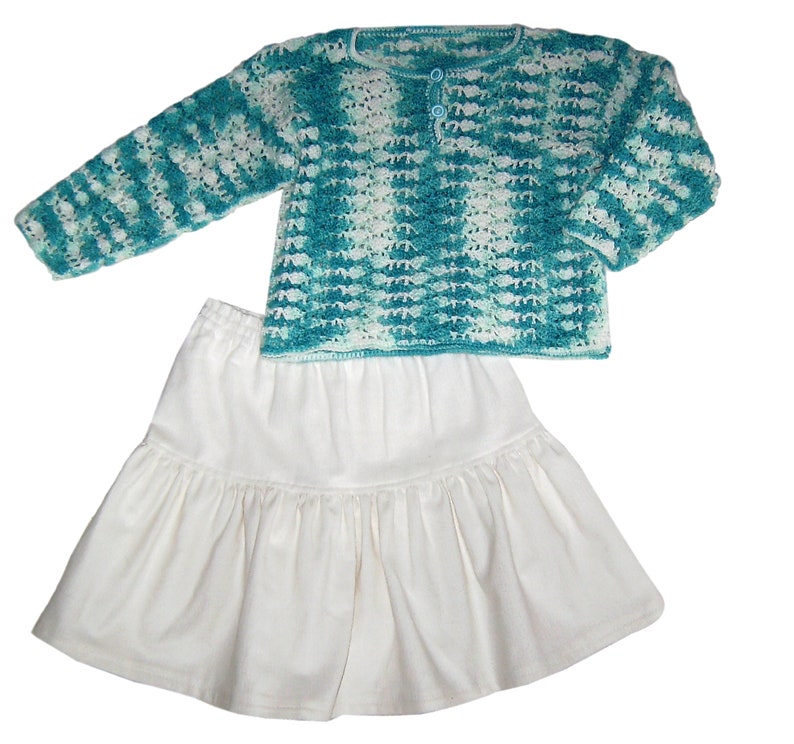 Feiner Kordrock Pullover 2 Teile Gr 92 98 weiß türkis Rock handmade girls skirt pullover for 2 3 years crochet sewed 2 pieces Bild 4