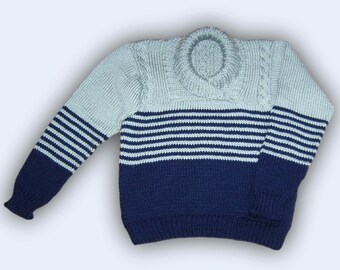 Jungen Pullover Gr 128 134 blau grau mit Schalkragen neu handmade pullover sweater  8 years blue grey knitware
