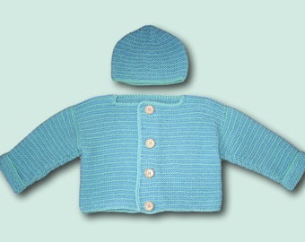 Baby Jacke + Mütze Gr 80  hellblau grün für Jungen  Cardigan handmade  baby boy  cardigan from 9 - 12 months  blue knitted