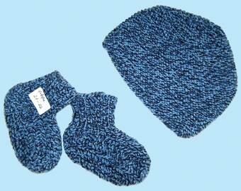 Baby Söckchen + Mütze Kopfumfang ca 45 - 46 cm Socken Schuhe blau melange  handmade baby socks + cap  for 9 - 12 month blue knitted