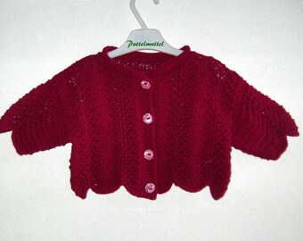 Mädchen Bolero Strickjacke Jäckchen Gr 92 98  dunkel rot Ajourmuster handmade  girls jacket for 2 - 3 years