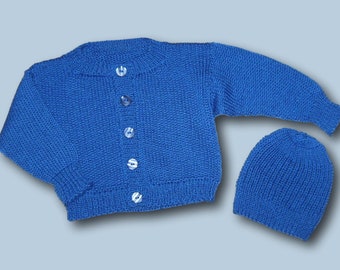 Baby Garnitur Strickjacke + Mütze  Gr 68 - 74  blau neu handmade baby boys cardigan + cap from 3 - 6 month  knitted