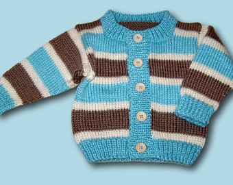 Baby Jacke Strickjacke Gr 68 74  blau taupe weiß gestreift neu handmade baby boys jacket  for 6 - 9 month  blue brown white stripes  knitted