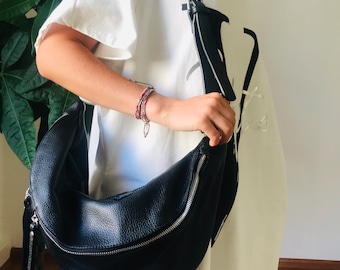 IDA XXL Extra Grote Leren Heuptas Heuptas Halfmoon Tas Maantas Schoudertas Grote Leren Sling Bag Fanny Pack Tas Leren Tas Zwart