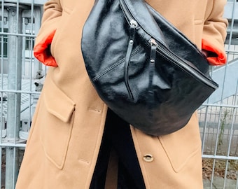 IDA XXL shoulder bag bag leather bag large body black metallic bag leather Hipp sling bag moon bag