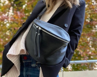IDA L shoulder bag with fixed strap sewn on leather bag large body bag leather sling bag black navy blue