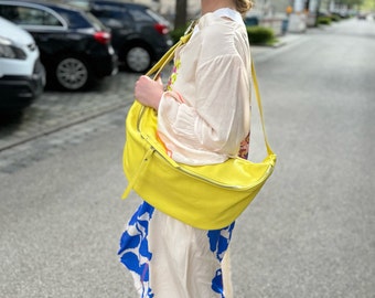 IDA XXL Extra Large Leather Bum Bag Shoulder Bag Large Leather Sling Fanny Pack Bag Leather Bag LEMON YELLOW