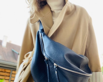 IDA XXL extra large leather fanny pack bum bag shoulder bag with snap hook Large leather sling bag fanny pack bag leather bag blue