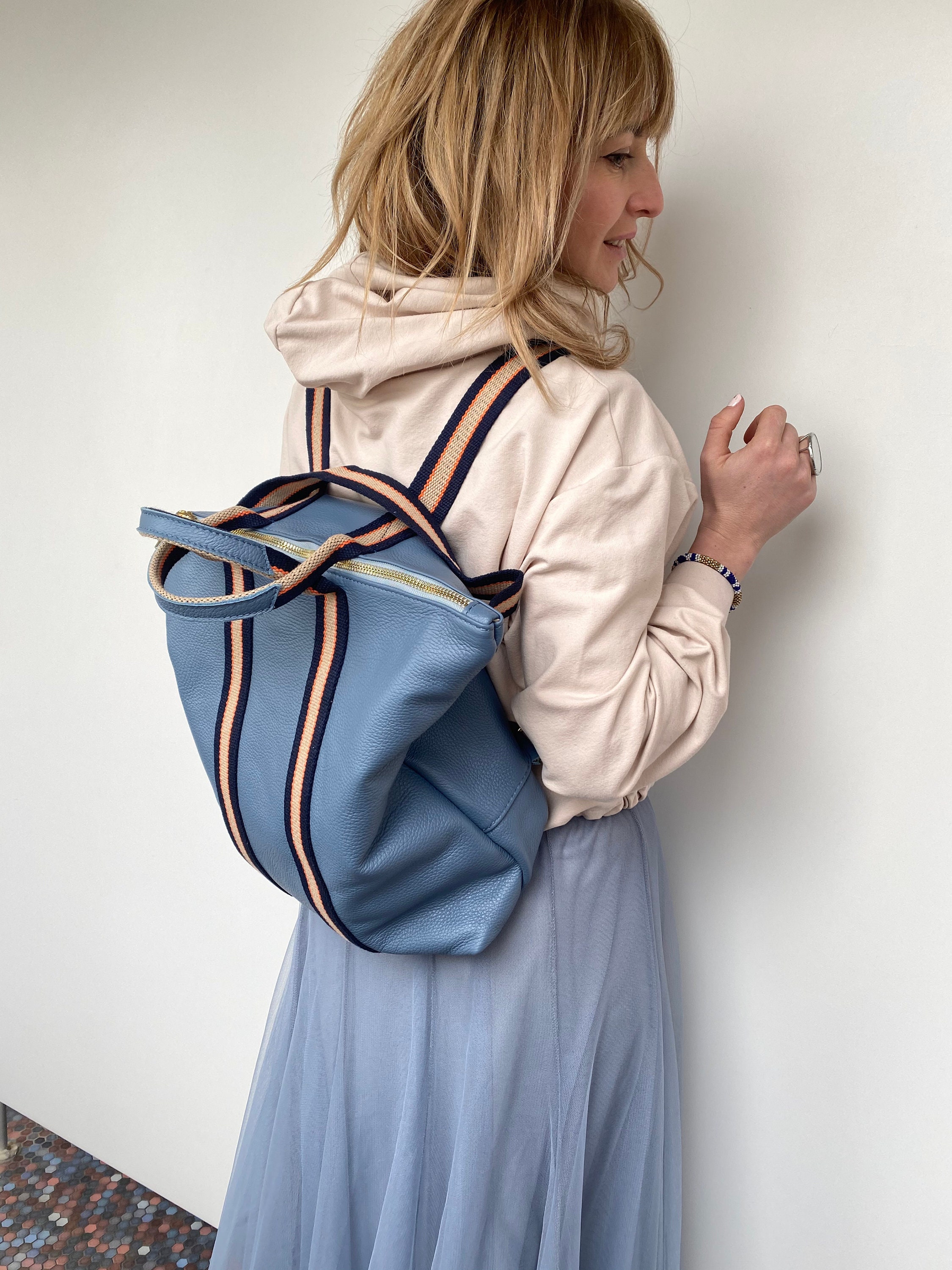 Jasper Backpack Handmade Handbag Backpack in Green Leather 2 in 1 Hammer JASPER Backpack Leather Backpack Leather Handbag Sky Blue 2  main image 4