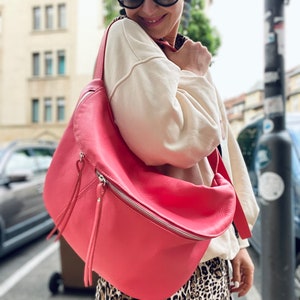 IDA XXL Extra Große Leder Bauchtasche bum bag Umhängetasche Large leather sling fanny pack Tasche Ledertasche  Lachs