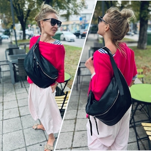 IDA XXL Extra Large Leather Fanny Pack bum bag Shoulder Bag Large leather sling bag Halfmoon Bag moon bag fanny pack Leather Bag Black