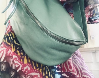 IDA XXL Extra Large Leather Fanny Pack Bag, Shoulder Bag with Carabiner Hook, Large Leather Sling Bag, Sage