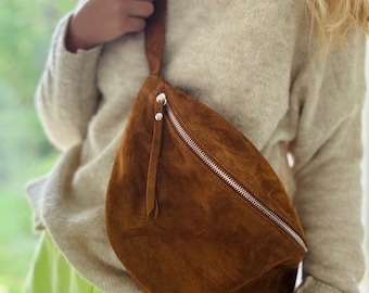 IDA L Suede Great Fanny Pack Sling Bag Large Bodysuit Large Bodysuit Brown Cognac Black